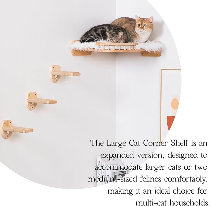 Cat Shelves - 3-Step Wall Climbing Set with Plush Bed, Ideal for Large Cats - RubberWood