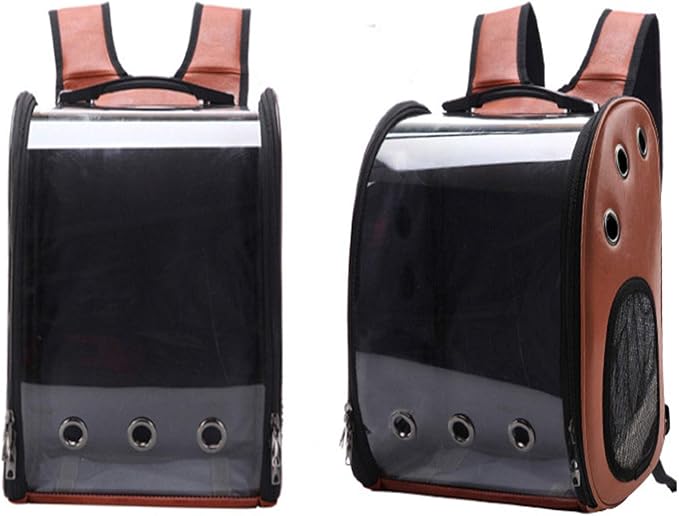 Bird Carrier Clear Parrot Outing Backpack APET Transparent Acrylic Bird Travel Carrier Parrot Travel Cage Panoramic Pet Backpack for Puppy Kitten 33x38x17cm (Brown)