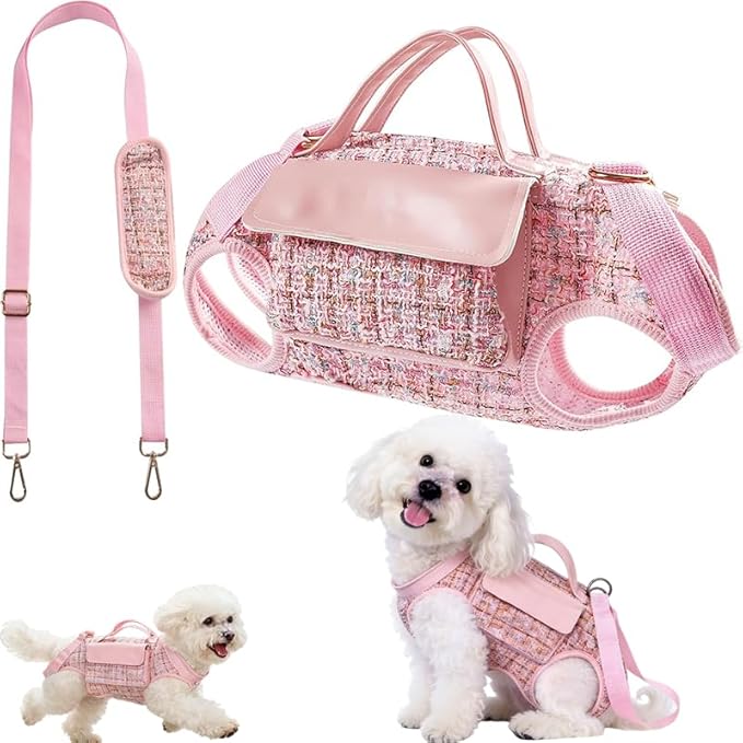 Dog Lift Harness Backpack for Small Dogs Cats, Adjustable Straps Dog Sling Carrier Full Body for Hiking, Travel, Outdoor – Pink Medium