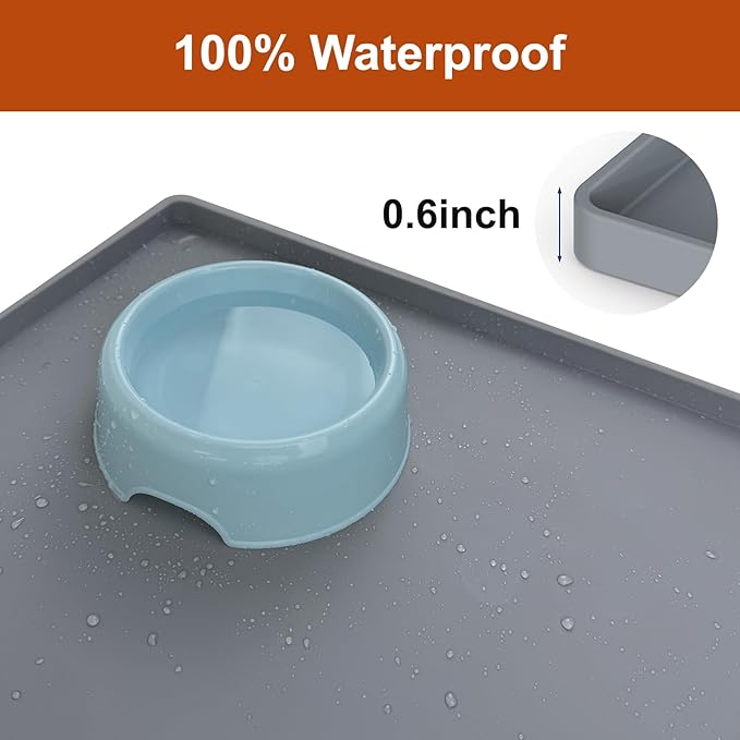 Extra Thick Silicone Mat Waterproof with Raised Edge 19” x 12”, BPA Free Non-Slip Dog & Cat Food Mat, Feeding Mat for Food and Water Bowls, Spill Proof Mat to Protect Floors, Gray