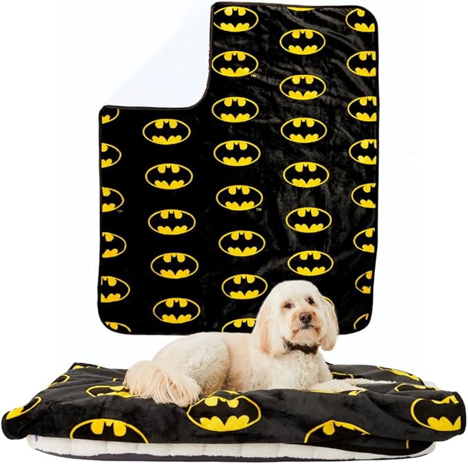 Franco Pet Batman DC Comics Bat Shield Logo Super Soft Cozy Waterproof Sherpa-Backed Blanket Throw for Large Dogs, Couch/Bed/Car, 50x60 (Officially Licensed Product)
