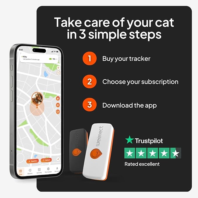 Weenect Cat XS - New GPS Tracker for Cats | Real-time Mini GPS Tracker for Cats | Smallest Model on The Market | Collar Included | Subscription Required (Black, Tracker XS)