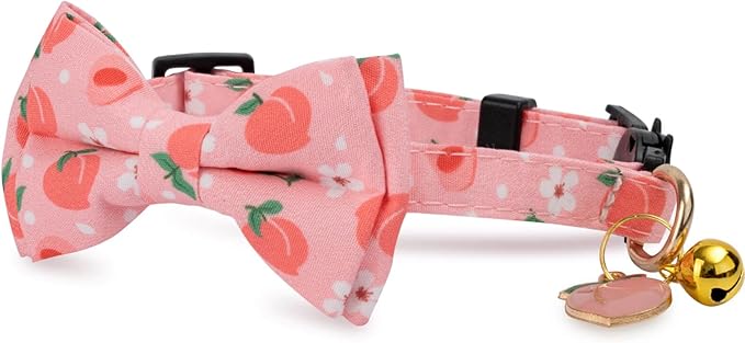 2 Pack Cotton Cat Collar with Bow Tie and Bell for Male Female Cats,Soft Fancy Breakaway Kitty Kitten Collar with Ghost& Pumpkin Patterned Design for Boy Girl Cats. (Peach&Lemon)