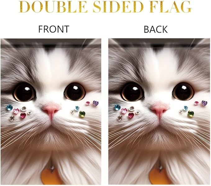 Cute Cat Garden Flag 12x18 Inch Double Sided Outdoor Yard Banner Adorable White Kitten with Gemstone Whiskers Sparkling Eyes Pet Lover Decor for Spring Summer Porch Lawn