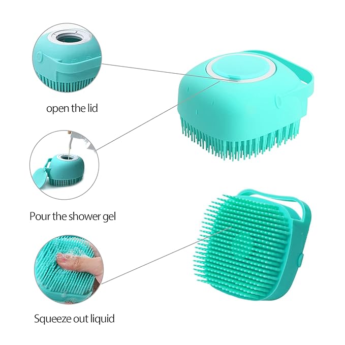 ELEGX Pet Grooming Bath Massage Brush with Soap and Shampoo Dispenser Soft Silicone Bristle for Long Short Haired Dogs Cats Shower (Yellow)