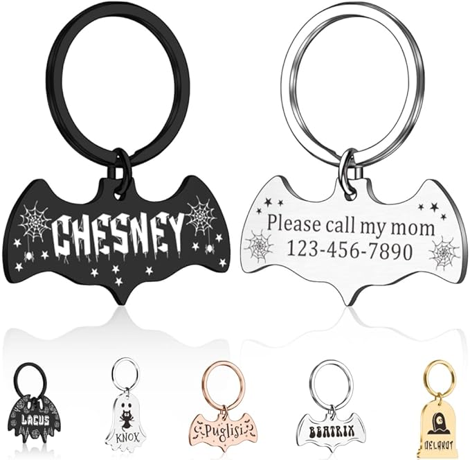 Dog Tags Personalized for Pets - Bat Shape Dog Tag, Customized Pet ID Tag for Black Cat, Witch Friendly Cat Tags, Funny Spooky Dog Name Tag, Stainless Steel Dog ID Tag Engraved on Both Sides