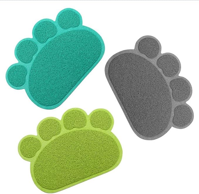PVC Pet Dog Cat Puppy Kitten Dish Bowl Food Water Feeding Placemat, Non-Slip Cat Litter Mat Paw Shape, Green Small