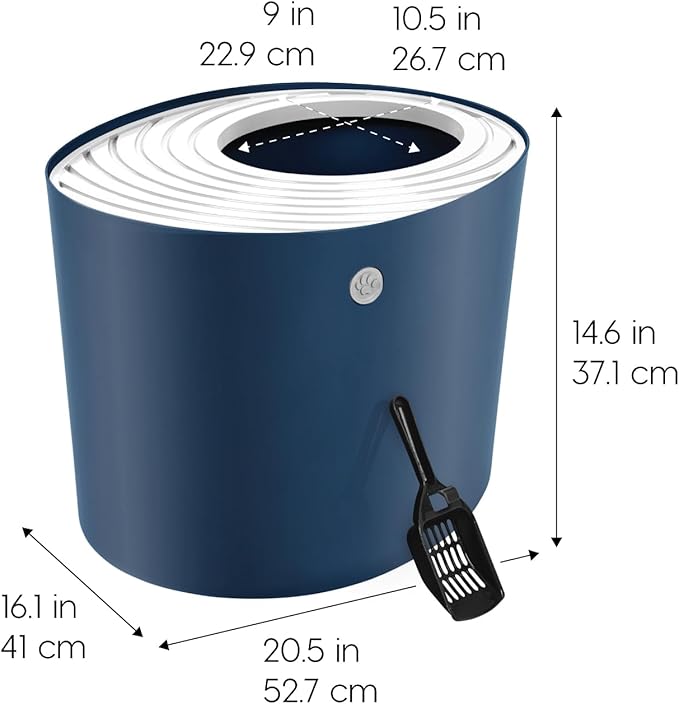 IRIS USA Cat Litter Box, Large Top Entry with Litter Catching Lid and Scoop, Dog Proof, Cat Box Enclosure, Navy/White