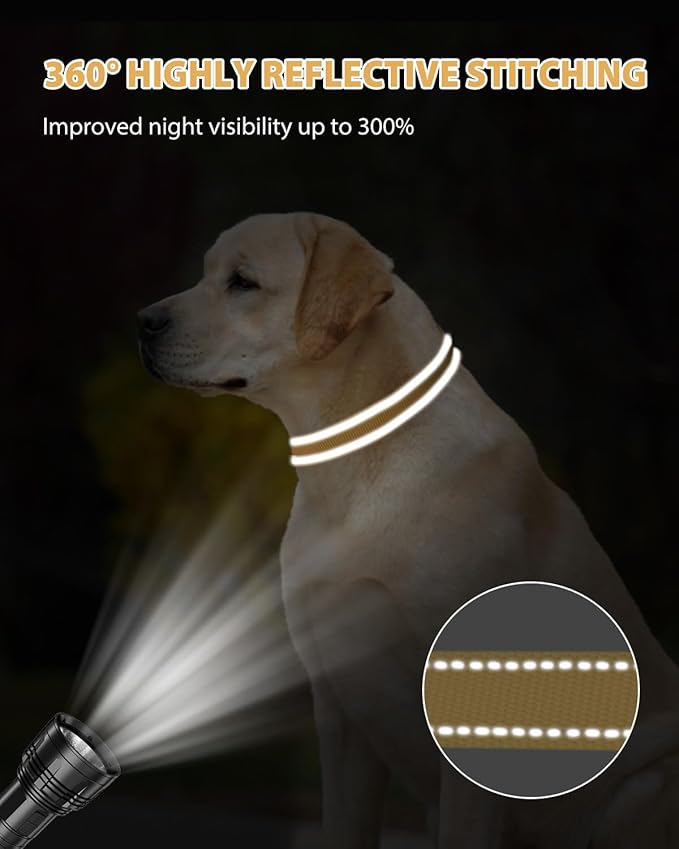Joytale Large Dog Collar, Reflective and Adjustable Nylon Pet Collar with Quick-Release Buckle for Large Dogs, Khaki, L