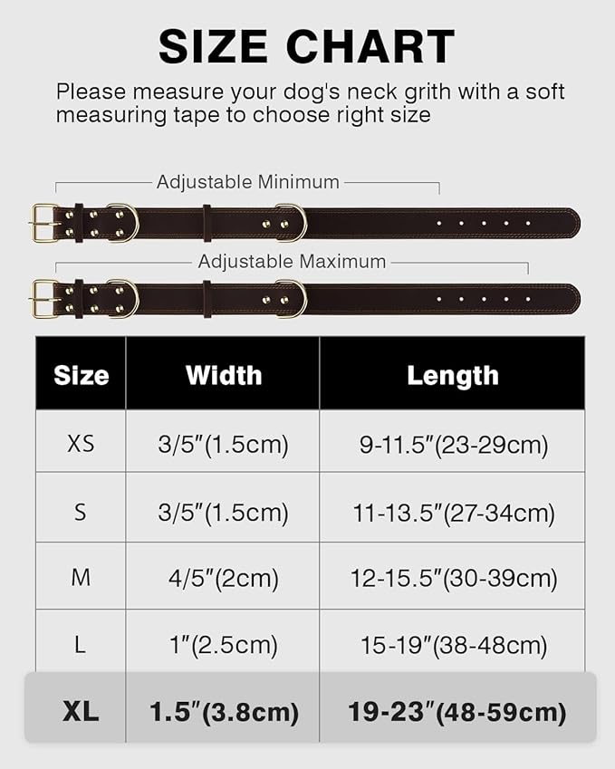 Joytale Genuine Leather Dog Collar for Large Dogs, Heavy Duty Thick Solid Leather for Power Breeds, Sturdy Adjustable Pet Collar with Metal Pin Buckle, Durable for Daily Walking, Brown, XL
