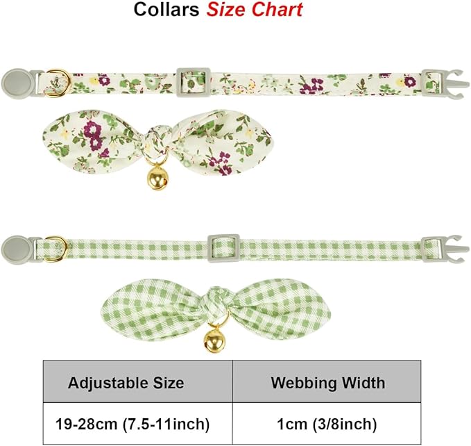 2 Pack Cotton Cat Collar, Removable Bowtie, Floral Pattern, Safety Breakaway Clasp, Adjustable for Cats.(Adult Cat, Check+Green)