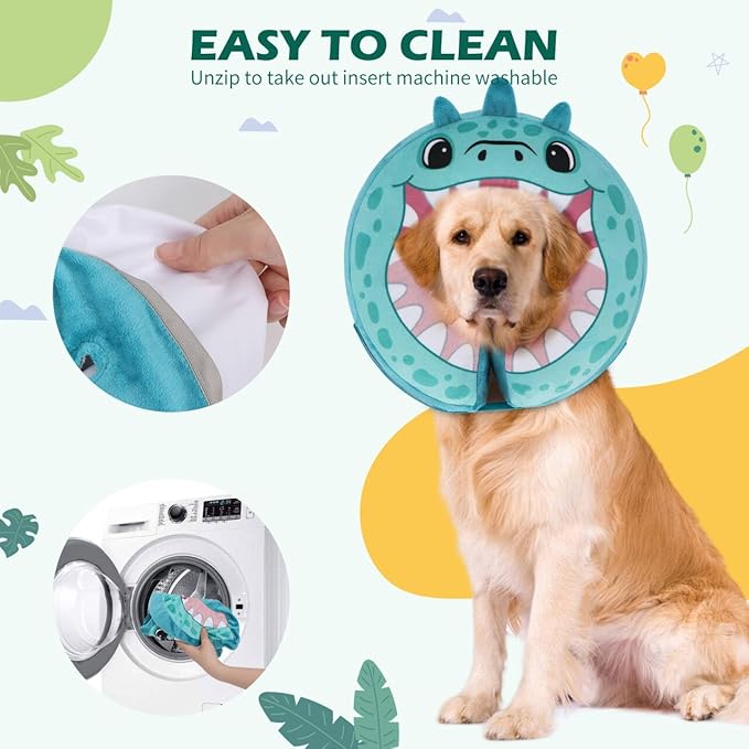 IEUUMLER Inflatable Recovery Dog Collar, Protective Donut Cone, Adjustable Soft Collar for Dog and Cat After Surgery Prevent from Biting & Scratching EU002 - Teal Dinosaur M+