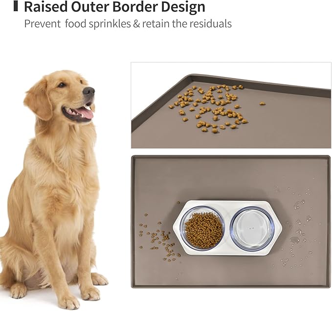 Dog Food Mat,Silicone Waterproof Food Tray,Non Slip Pet Bowl Mats Placemat,0.6" Raised Edge,Suitable for Most Small and Medium Sized Pets,24" x 16"