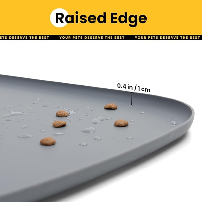 Silicone Dog Food Mat with Side Pocket & Hook Hole, Soft Raised Edges, Easy Clean Waterproof Non-Slip Pet Feeding Mat for Cats and Dogs Water Bowl, Pets Accessories(18"x12",Grey)