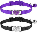 2 Pcs Cat Collars Heart Bling Breakaway with Bell Nylon Adjustable for Kitty(Black+Purple)