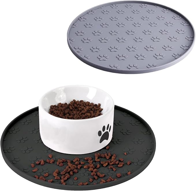 Dog Food Mat - Waterproof Cat Bowl Mat, Silicone Pet Food Mat with Edges, Nonslip Dog Feeding Mat for Protecting Floors (Grey+Black)