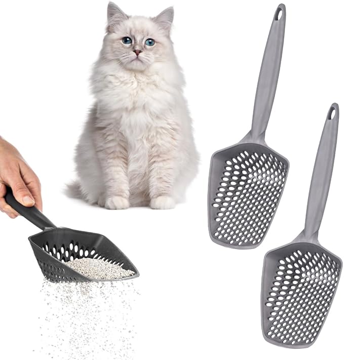 Set of 2 Cat Litter Scoop with Small Holes, Deep Sifting Shovel for Fine Litter, Reptile Terrarium Sand & Rabbit Pooper Lifter, Hanging Handle Poop Scooper (Gray, Set of 2)
