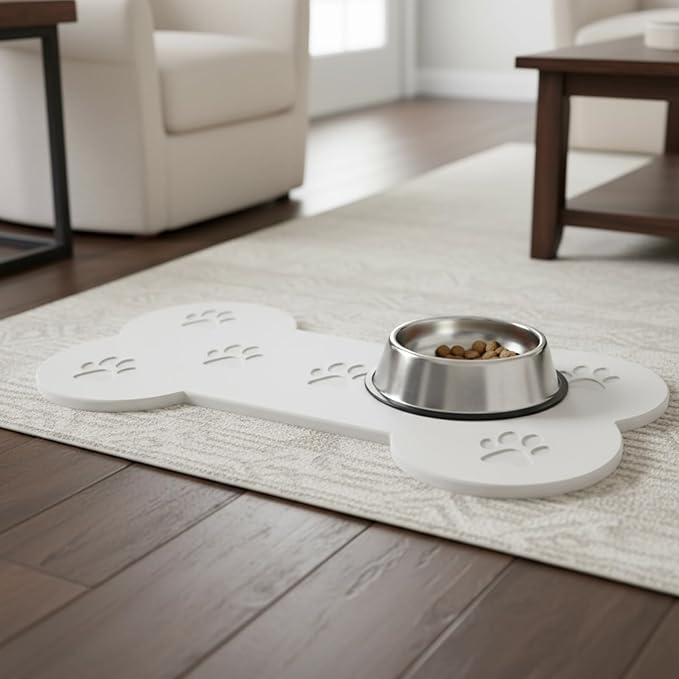 Diatomaceous Earth Dog Food Mat, Large 19.6"x9.8" Bone Shape with Paw Print Design, Super Absorbent Fast Drying Non-Slip Pet Bowl Mat for Food and Water, Waterproof Floor Mat for Small Medium Dogs