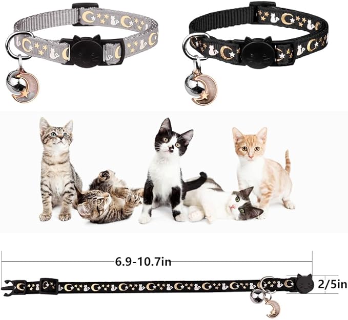 Baeuppit 2PCS Breakaway Cat Collars with Bell Cute Kitty Glow in The Dark Adjustable Kitten Collars(Grey&Black)