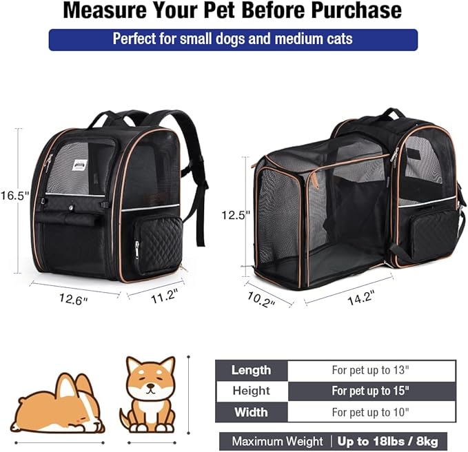 Lekebobor Large Cat Backpack Carrier Expandable Pet Carrier Backpack for Small Dogs Medium Cats Fit Up to 18 Lbs, Dog Backpack Carrier, Foldable Puppy Backpack Carrier for Travel, Black