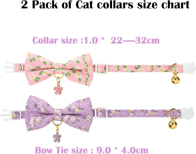 2 Pack Cat Collars, Removable Bowtie, Floral Pattern, Safety Breakaway Clasp, Adjustable for Cats.(Adult Cat, Purple and Pink dasiy)