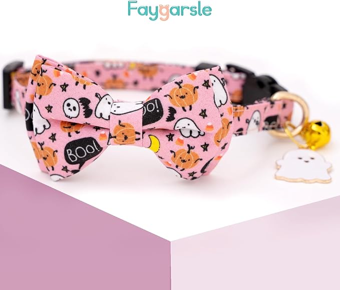 Faygarsle 2 Pack Breakaway Cat Collar Collection - Ghosts Pattern Cat Collar with Bell - Seasonal Holiday Bowtie - Fall - Pink, Purple
