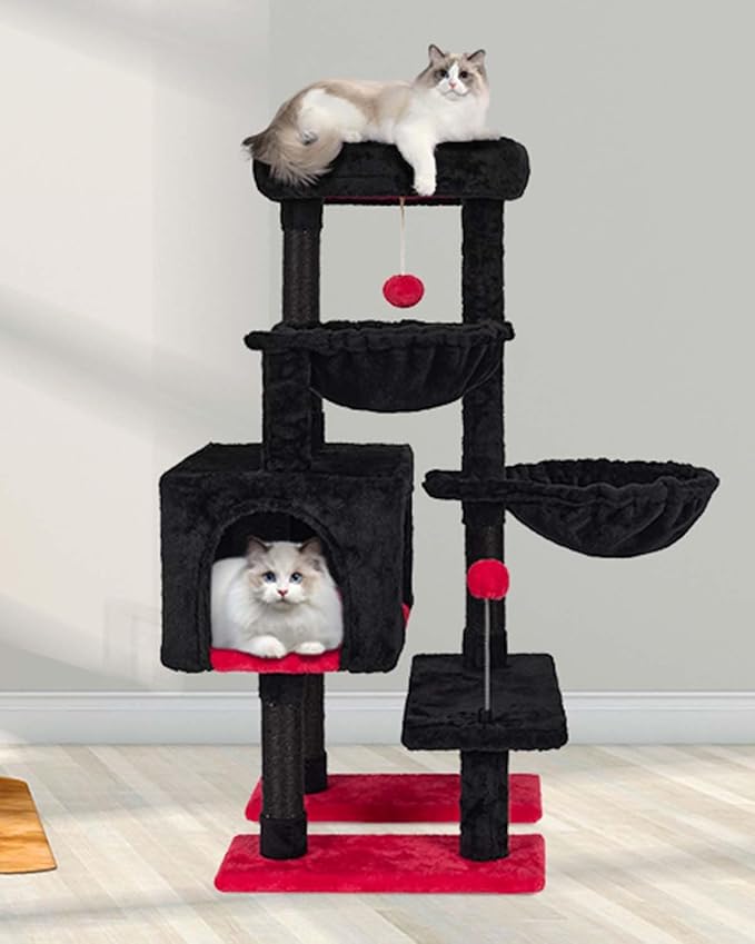 KIYUMI Cat Tree Cat Tower Condo with Sisal Scratching Post for Indoor Cats Cat Tree Cat Furniture with Hammock Perch and Kitten Ball Toys, Multi-Level Pet Activity Center,RedBlack