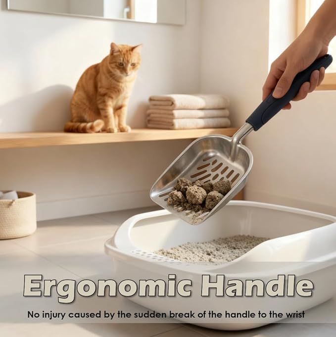 Heavy-Duty Metal Cat Litter Scoop with Holder, Aluminum Cats Litter Scooper Captures All Clumps, Kitty Metal Scooper and Holder (White)