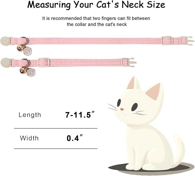 2 Pack Corduroy Cat Collars - Cute Breakaway Cat Collar with Bell and Paw Pendant, Soft Adjustable Fall Winter Kitten Collars for Girl Boy Cats, Pink&Deep Pink