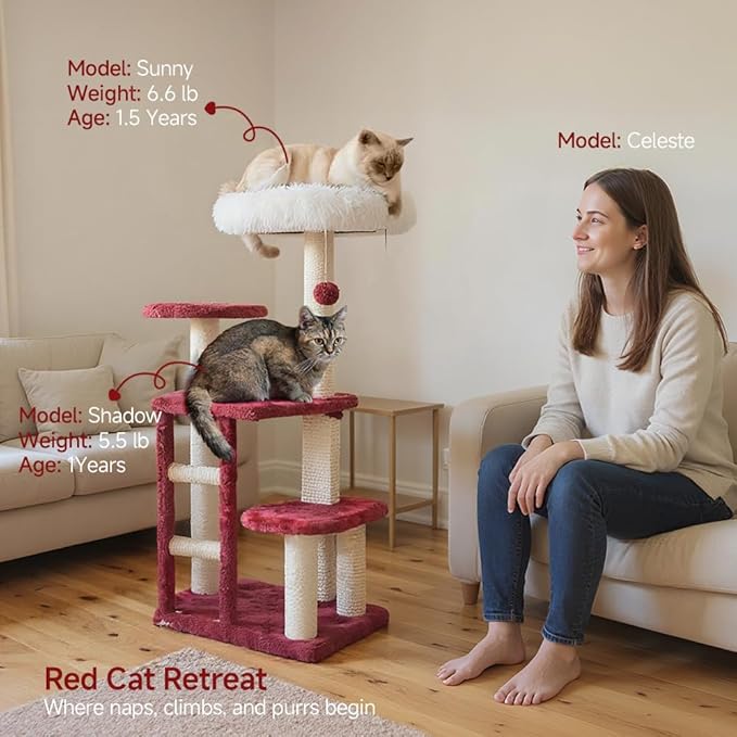 Cat Tree, 37.4-Inch Cat Tower with Plush Cozy Perch for Indoor Cats, Sturdy Tower with Fully Sisal-Wrapped Columns and Plush Toy Ball for Kitty Play, Red