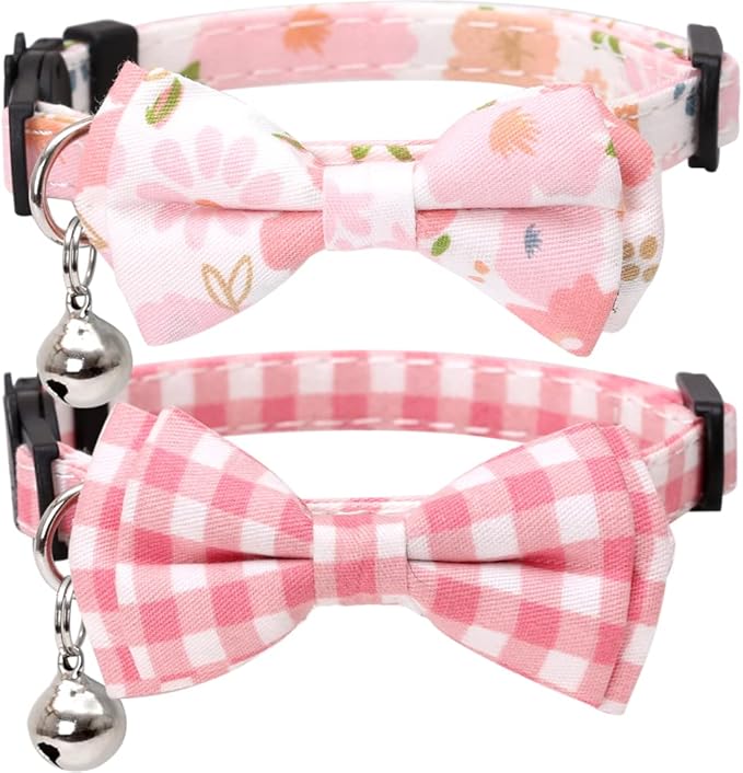 2 Pack/Set Cat Collar Breakaway with Cute Bow Tie and Bell Plaid Flower for Kitty Adjustable Safety
