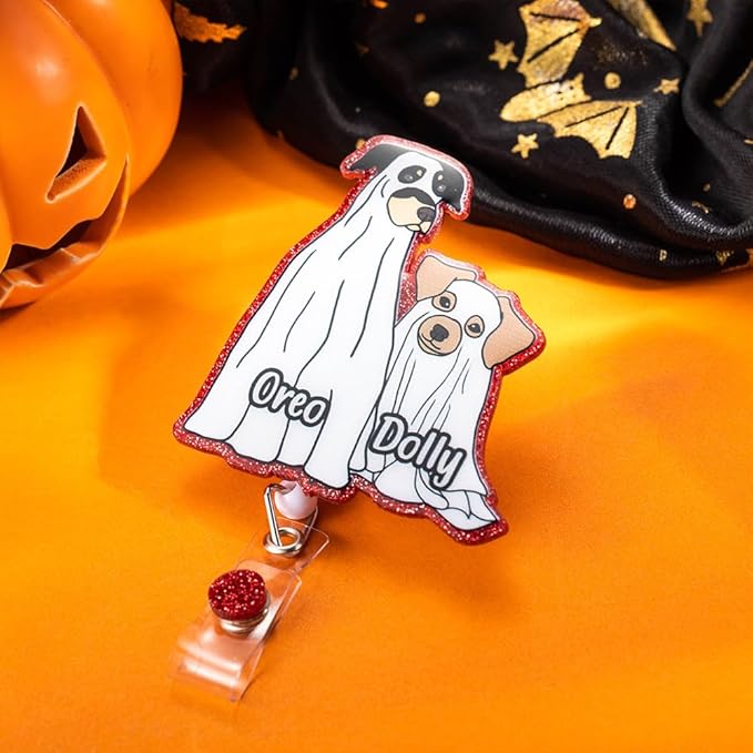 callie Personalized Halloween Ghost Badge Reel - Custom 1-3 Dogs and Names, Glitter Pumpkin ID Badge Holder Retractable, Holiday Gift for Dog Lover Nurse RN CNA Doctor