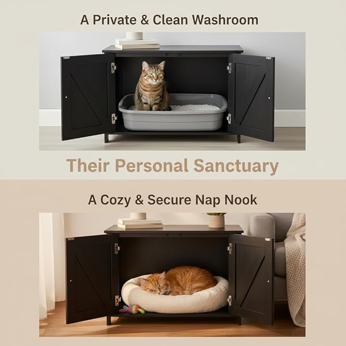 Homhedy Cat Litter Box Enclosure, Wooden Cat Washroom Furniture with Barn Door, Pet House, Fit Most of Litter Box, Black