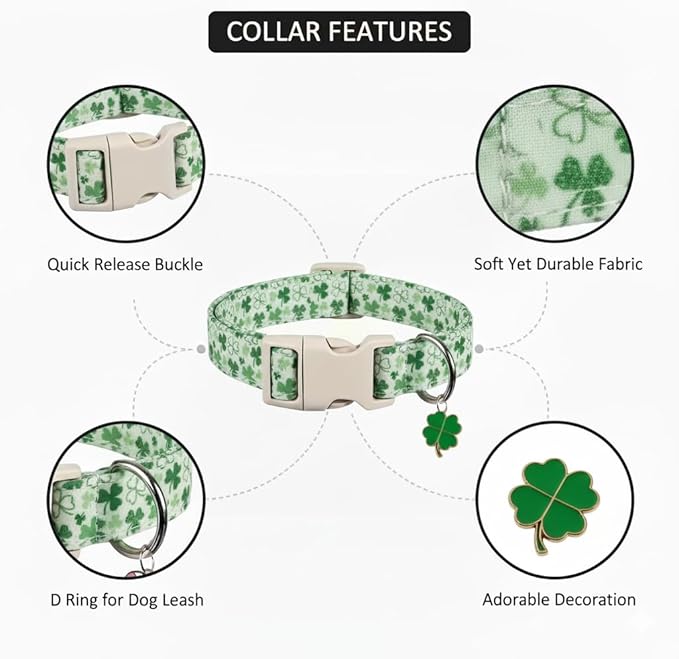XS Dog Collar for St. Patrick's Day, Cute Dog Collar with Green Clover for Puppy, Extra Small & Small Dogs, Adjustable Puppy Collar with Soft Fabric and Quick Release Buckle