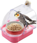 No Mess Bird Cage Feeder,2 in 1 Bird Feeder with Ceramic Bowl Parrot Bathtub with Bottom Drawer Hanging Shower Box for Birds Budgies Parakeet Small Parrot Cockatiels(Pink)