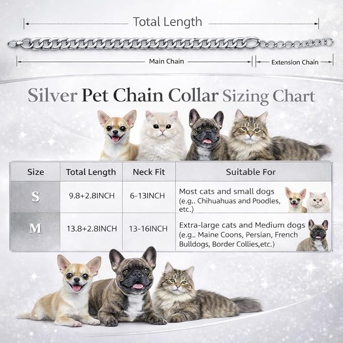 Silver Cat Chain Collar,Adjustable Cuban Link Necklace for Cats, Lightweight & Durable Metal Pet Gift, Stylish Decorative Accessory (Silver, M)