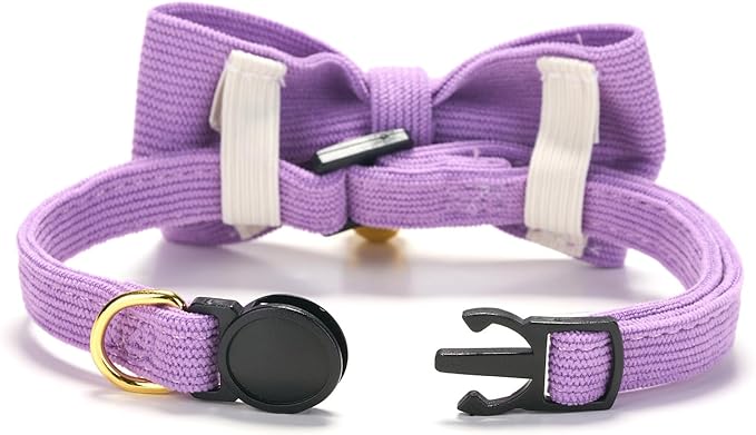 2 Pack Soft Corduroy Cat Collars with Bow Tie & Bell, Adjustable Breakaway Cotton Kitty Bowtie Collar for Girl Female Kitten (Pink & Purple)