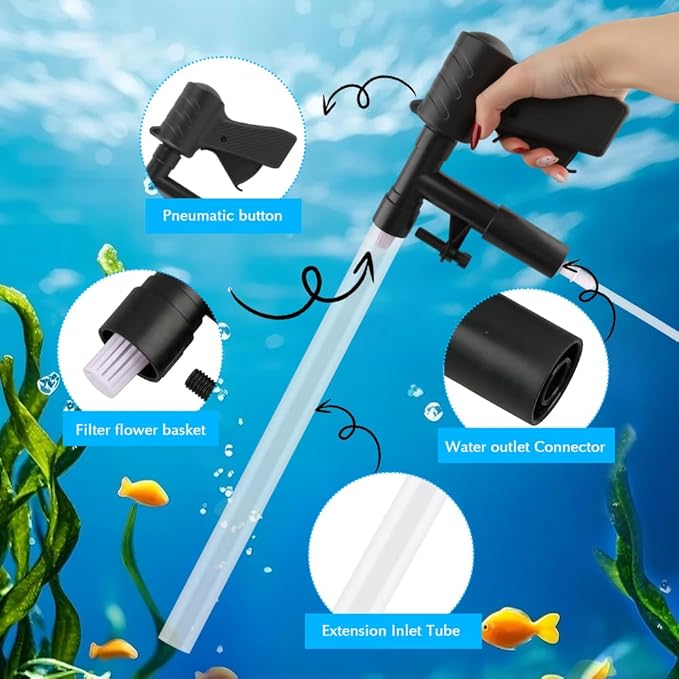 Aquarium Gravel Cleaner, Fish Tank Cleaner Kit, Aquarium Manual Press Noiseless Water Changer, Including Net,Thermometers & Cleaning Accessories for Fish Tank Maintenance