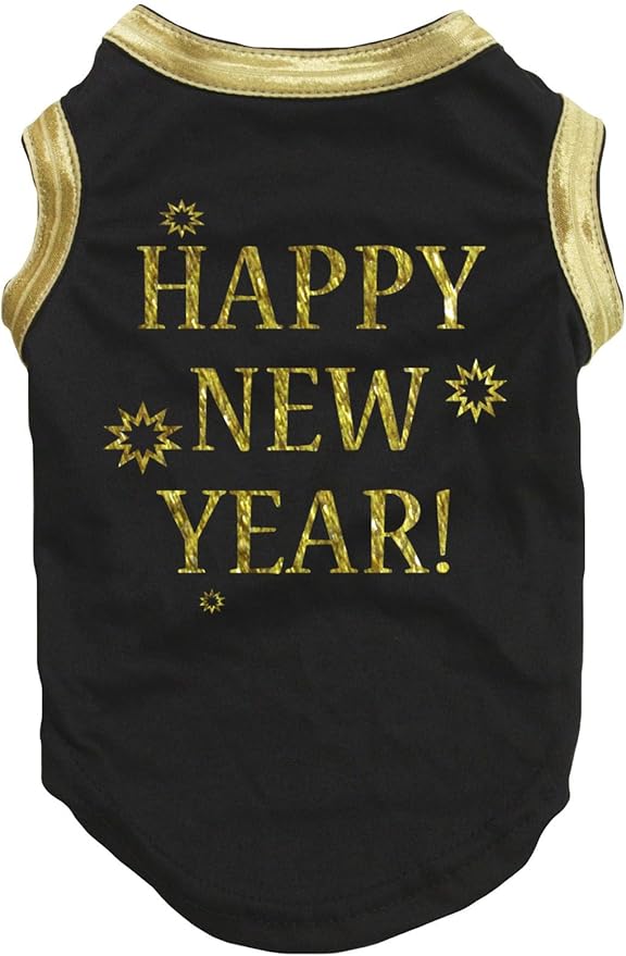Petitebella Bling Happy New Year Puppy Dog Shirt (Black/Bright Gold, Large)