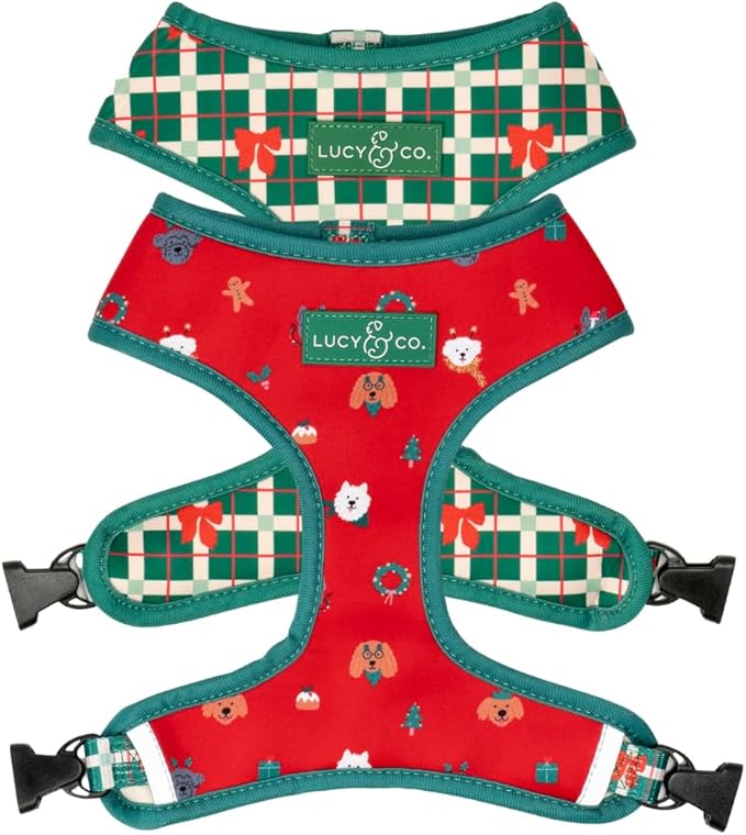 Lucy & Co. Cute Reversible Dog Harness Walking Halter - Best Designer Pet Harnesses for XS - XL Dogs - Padded Adjustable Vest for Easy Walking- Happy Howlidays - Seasonal - Medium