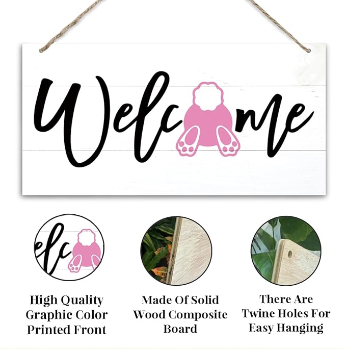 Welcome Sign for Front Door, Welcome Decor Wooden Hanging Sign for Wall Decor, Pink bunny' Pattern Wall Signs, Rustic Funny Wooden Outdoor Front Door Hanging Decoration 13.8X6.9 inches