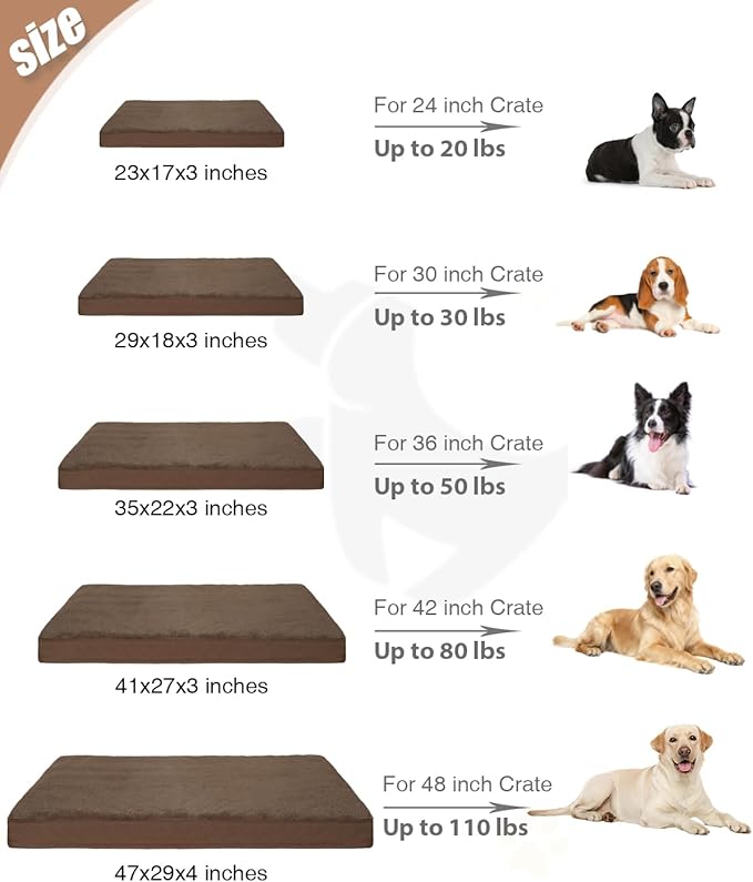KSIIA Orthopedic Dog Bed Crate Waterproof Pet Mats for Extra Large Dogs Deluxe Plush Washable Pet Bed with Egg Crate Foam & Removable Cover, 47 x 29 Inch, Brown