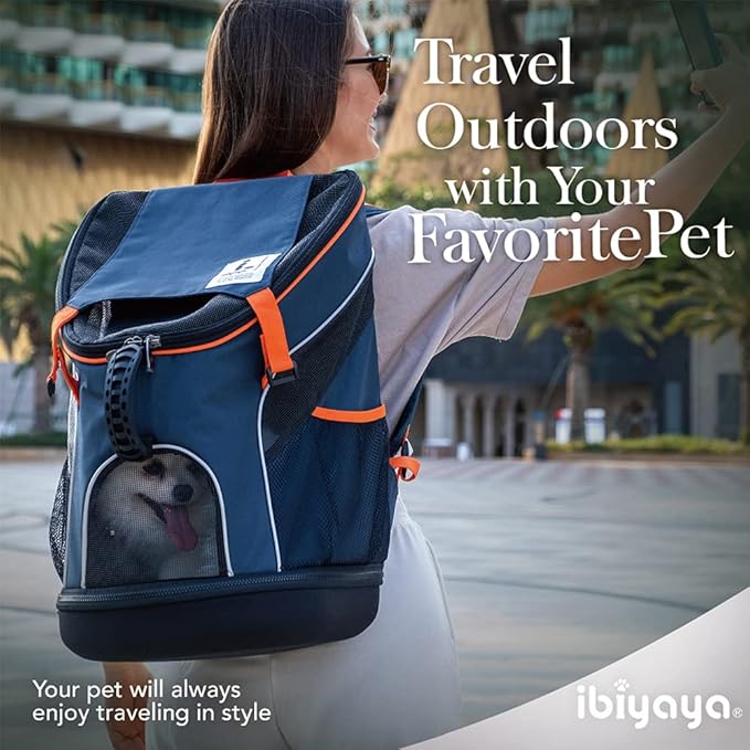 ibiyaya - Airline Approved Pet Carrier for Small to Medium Dogs and Cats - Dog Backpack Carrier, Breathable Mesh Material with Magnetic Buttons, Side Pockets, and Auto-Lock Zipper - Navy Blue