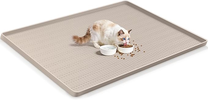 47" x 35" Silicone Cat Food Mat, Waterproof Pet Feeding Mat with Raised Edge, Extra Large Cat Bowl Mat Water Bowl Placemats for Cats, Non-Slip, Protects Floors, Easy to Clean (Beige