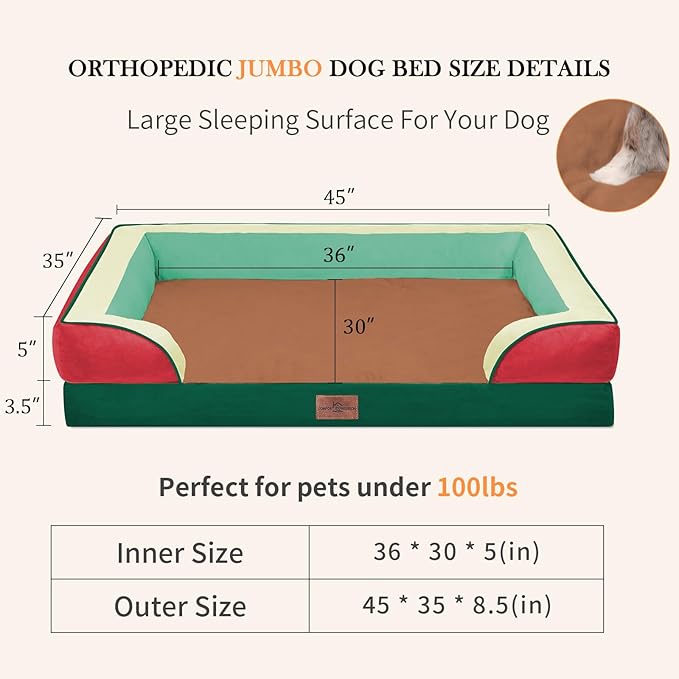 Comfort Expression Orthopedic Dog Bed for Extra Large Dogs 45x35 Inch, Waterproof Egg Crate Foam XL Pet Bed with Removable Bolsters, Dog Couch with Washable Cover & Non-Slip Bottom, Watermelon Mist