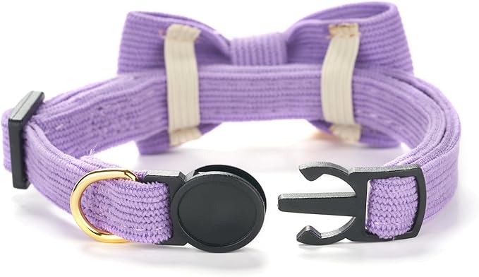 Soft Corduroy Cat Collar with Bell and Bowtie, Safety Breakaway Clasp, Adjustable for Kitten and Cats Purple Color.