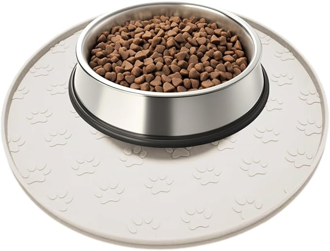Pet Feeding Mat, Waterproof, Raised Edges to Prevent Spills, Easy Clean in Dishwasher, Dogs and Cats Placemat Tray to Stop Food and Water Bowl Messes on Floor(1Pack Beige)