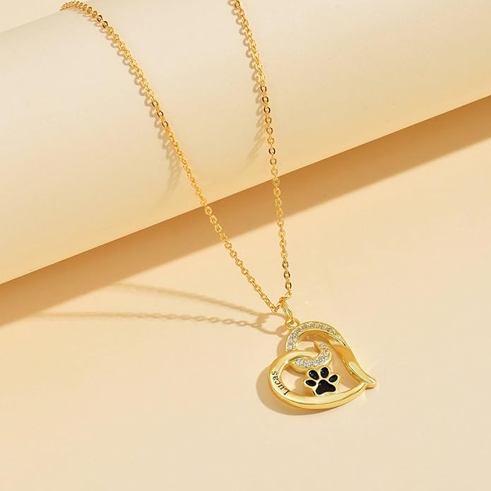 Personalized Cute Dog Cat Paw Name Necklace Forever Love Custom Heart Pendant Pet Name Necklace Gift for Pet Lovers