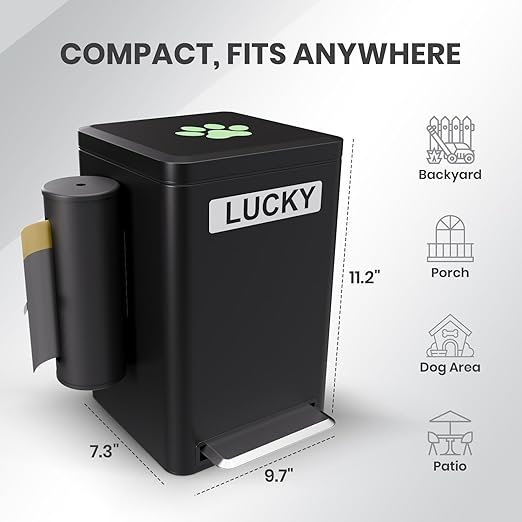 Dog Poop Trash Can Outside, 6L Metal Outdoor Dog Waste Bin with Lid & Soft Close Pedal, Pet Waste Container with Charcoal Filter, Removable Inner Bucket, Bag Holder, Stickers & Custom Name Plate
