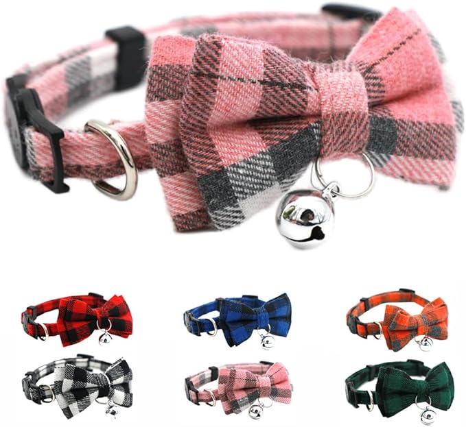 Pink Plaid Bow Kitten Collar with Bell, Breakaway Puppy Collar Bell with Bowtie Christmas Dog Collars Female for XXS Xs Small Tiny Little Pet Dogs Girl Kitten, for Hoilday Birthday Party